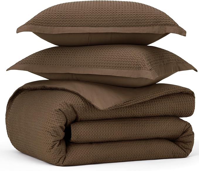 Bedsure Cotton Duvet Cover King - 100% Cotton Waffle Weave Brown Duvet Cover King Size, GentleSoft™ and Breathable Bedding Set for All Season, 3 Pieces, 104"x90"