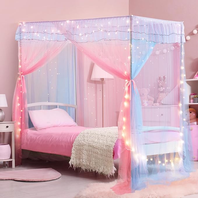 Twin Size Bed Canopy with Lights, Bed Canopy for Girls Princess with Luminous Stars, Canopy Bed Curtains for Twin Bed Kids Indoor Decor Bedroom, 4 Corner Post Bunk Bed for Student Dormitory, Blue&Pink