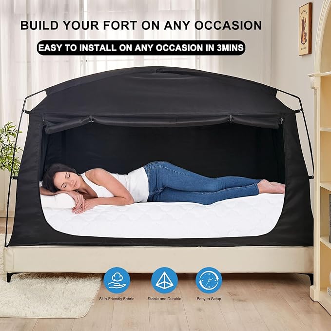 Privacy Blackout Sleep Bed Tent for Adults Kids Portable Bed Canopy Lightweight Breathable Mesh Windows Tents