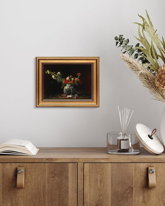 HUARCEY Gold Framed Vintage Wall Art for Living Room, Flowers Painting Prints Shelf Decor for Kitchen, Aesthetic Bedroom Wall Art, Autumn Gifts for Friends or Family - Fading 10L x 8W