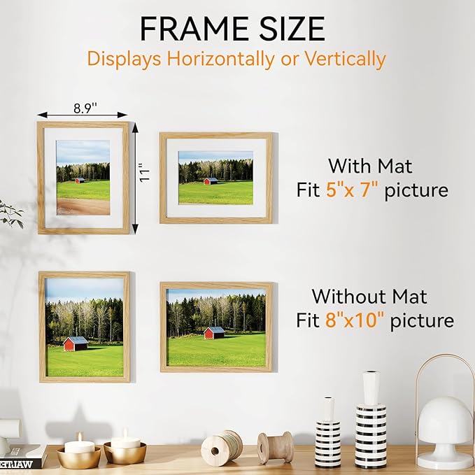 IBUYKE 8x10 Picture Frame,Set of 3,Solid Oak Wood 8x10 Photo Frame with Mat to 5x7,10x8 Picture Frames With Tempered Glass,Tabletop or Wall Mount Display,Home Decor,Natural Oak 8 x 10 Frame,UWPF0810N-3