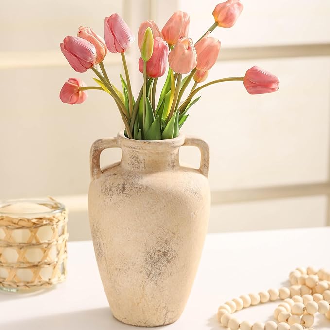 Ceramic Flower Vase, 8.85 inch Tall Terracotta Vase with 2 Handles, Rustic Farmhouse Vase for Home Decor, Living Room Shelf Decor, Enterway, Table