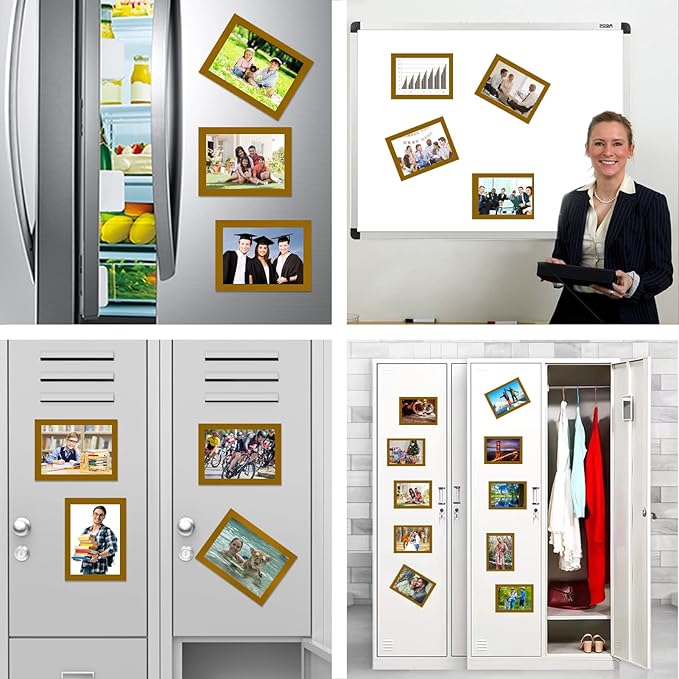 Magnetic Picture Frames(4"X6",10 Pack) with Golden Border,Magnet Photo Frame Pockets/Postcard Holder,Decorations for Home refrigerator/Office Whiteboard/school Locker/Classroom/Party