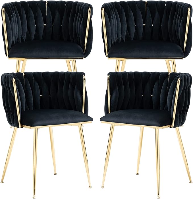 Nrizc Woven Dining Chairs Set of 4, Velvet Upholstered Dining Chairs with Gold Metal Legs, Modern Accent Chairs for Living Room, Dining Room, Kitchen (Black)