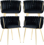 Nrizc Woven Dining Chairs Set of 4, Velvet Upholstered Dining Chairs with Gold Metal Legs, Modern Accent Chairs for Living Room, Dining Room, Kitchen (Black)