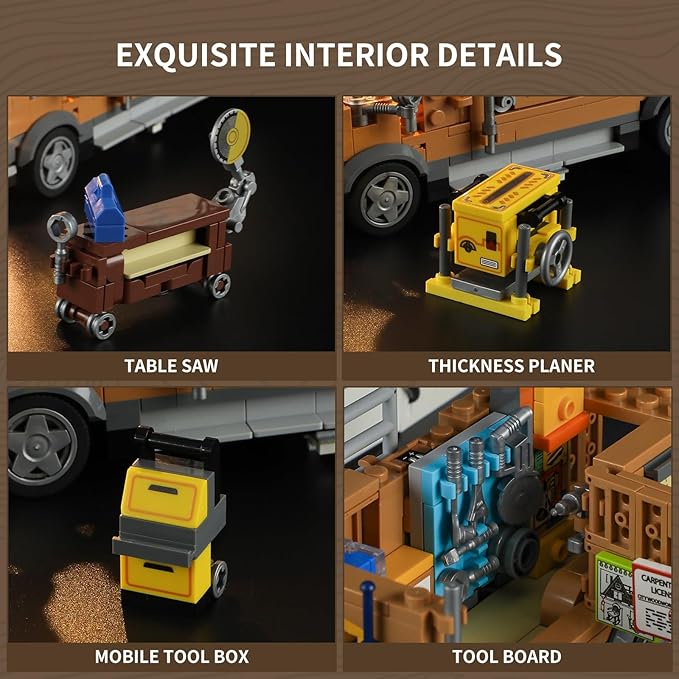 FUNWHOLE Carpentry Van Lighting Building-Bricks Set - Farm Woodworker Car Collectible Display Set 496 Pcs for Adults and Teen