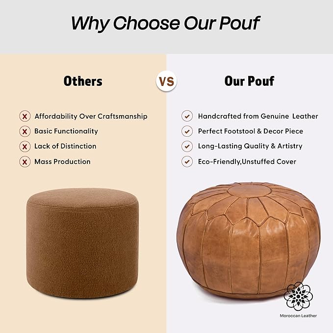 Moroccan Leather Handmade Pouf Ottoman Cover – Unstuffed Foot Stool, Boho Foot Rest for Living Room, Bedroom – Gift for Housewarming or Weddings