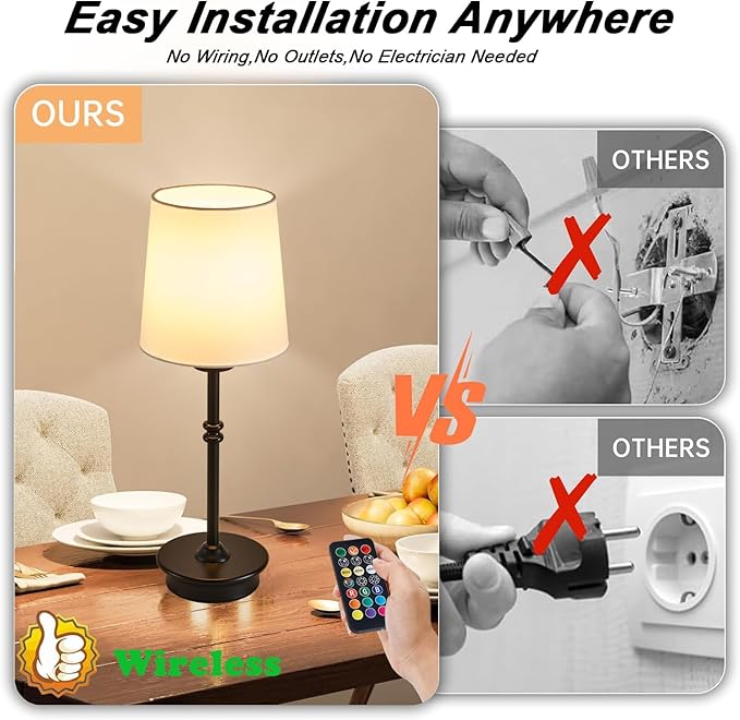 Rechargeable Cordless Table Lamp, Black Battery Operated Desk Lamps with Detachable LED Bulbs, 13 Colors Dimmable Bedside Lights for Bedroom, Bar, Night Light, Camping