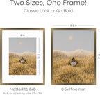 Homeforia 8.5x11 Picture Frame Bronze, High End Metal Brass Frame 8.5 x 11 with Mat 6 by 8 Photo, 11x8.5 Frames Matted to 6x8 Print, 8.5by11 Wall or Tabletop Frames, Tempered Glass, Wall Kit, Set of 1
