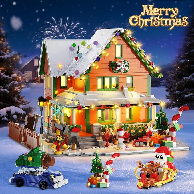 Christmas House Mini Building Set with Light, PLAXSOON 1961 PCS Holiday Snow Village Architecture Model Building Block with Santa Claus Sleigh, Xmas Display Toy Set for Adults Kids Boys Girls Ages 14+
