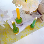 Double Sided Vintage Ribbed Taper Glass Candle Holders,Tea Candle Holder for Table Centerpieces, Wedding Decorations and Dinner Parties (Yellow Green, 3 PCS)