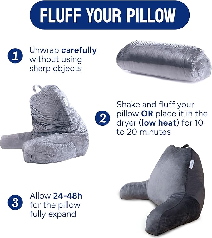 ComfortSpa Reading Pillow for Bed Adult Size, Back Rest Pillow with Arms, Pockets and Washable Cover; Use as a Back Pillow for Bed Sitting Up for Bedrest or Relief from GERD Heartburn (Large Grey)