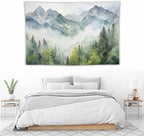HZOHNAGO Mountain Tapestry Misty Green Forest Mountain Pattern Printed Wall Tapestry Wall Hanging for Bedroom Living Room Dorm 90" W x 60" H