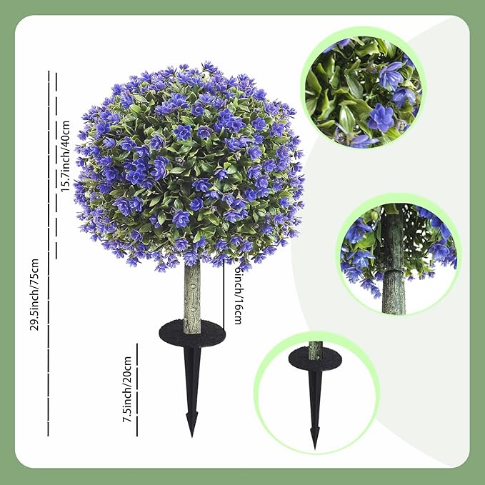 Set of 2 Artificial Boxwood Topiary Ball Trees with Purple Flowers for Outdoor with Ground Spike 29.5", UV Resistant Faux Greenery Shrubs, Fake Plants for Garden, Porch, Patio Valentine's Day Decor