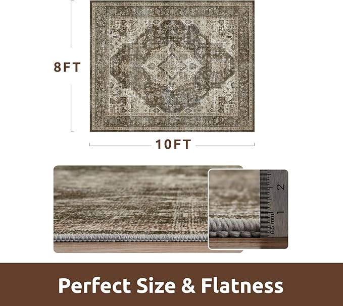 AMOAMI Area Rug - 8x10 Vintage Soft Coffee & Brown Rug for Living Room, Bedroom, Dining Room, Office - Non-Slip, Washable Carpet