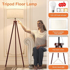 LiteHistory Wood Tripod Floor Lamps for Bedroom, Living Room, and Office, Corner lamp with Beige Linen Shade, 12W Three-Color Bulb Included, Pull Chain Switch, Gifts for mom for Home Decor, Walnut