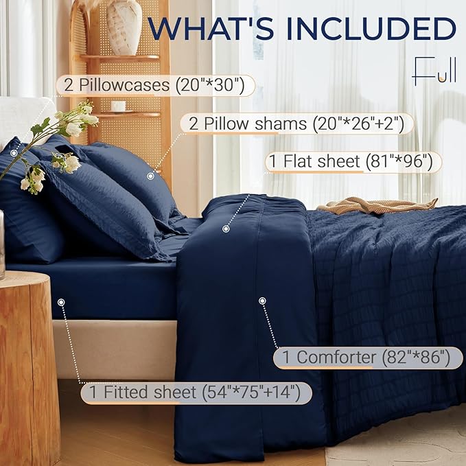 MUXHOMO 7 Pieces Full Comforter Set, Seersucker Bed in a Bag Full Size, All Season Luxury Bedding Set with Comforter, Flat Sheet, Fitted Sheet, Pillowcases & Shams, Navy Blue