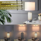 Serteaw Touch Control Table Lamp Set of 2,Silver Crystal Nightstand Lamps with USB Charging Ports, Stepless Dimming, Modern Side Lamps for Bedroom & Living Room, Energy-Efficient LED Bulbs Included