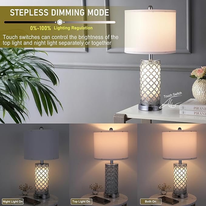 Serteaw Touch Control Table Lamp Set of 2,Silver Crystal Nightstand Lamps with USB Charging Ports, Stepless Dimming, Modern Side Lamps for Bedroom & Living Room, Energy-Efficient LED Bulbs Included