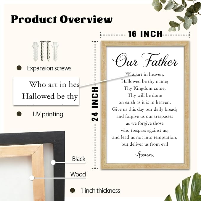 FZMHASLWW Our Father Prayer Wall Decor 24"X16" Bible Verse Scripture Inspirational Quotes Sign Christian Large Wood Framed Wall Hanging Art (Wood)