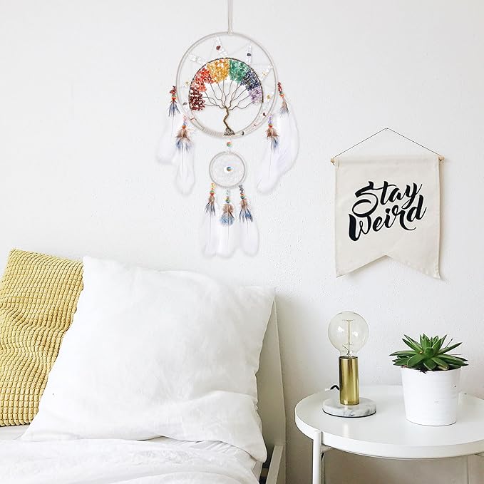 7 Chakras Tree of Life Dream Catcher Wall Decor with Rainbow Healing Crystal Stone Handmade White Feather DreamCatchers Wall Hanging Ornaments for Bedroom Home Decor Blessing Gift Wedding Party-23.6"