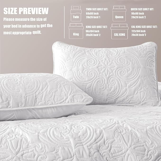 Exclusivo Mezcla Twin Quilt Bedding Set with 1 Pillow Sham, Lightweight White Twin Size Quilt Bedspread with Vintage Damask Pattern, Soft Bedspreads Coverlets for All Seasons