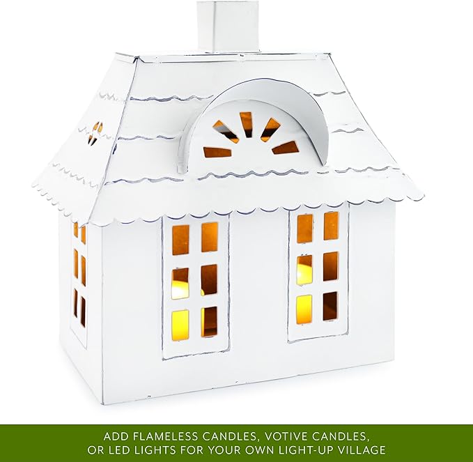 AuldHome Design Farmhouse Decor Tin Houses (Set of 3, White); Candle Lantern Decorative Holiday Christmas Village Display or Votive Holder