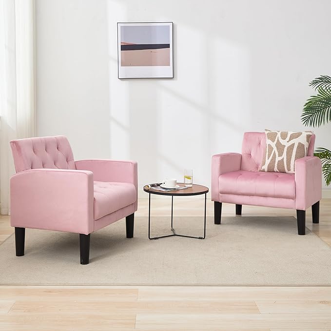 TYBOATLE Mid-Century Fabric Tufted Accent Living Room Armchairs, Comfy Modern Upholstered Bedroom Office Armchair Single Sofa, Reading Lounging Side Lounge Chair Living Room Furniture (Pink)