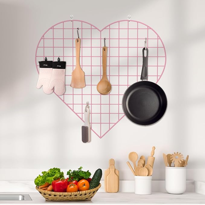Grid Photo Wall Panels - 22.4"x20.4" Heart Shape Iron Rack Art Wire Board, Wall Grid Organizer, DIY Photo Frame for Home, Office, Kitchen, Bedroom, Christmas Gifts - Pink