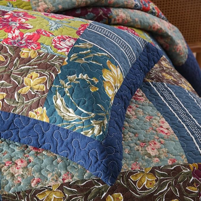 Cotton Bedspread Quilt Sets Reversible Bedding Coverlet Sets 3 Pieces Patchwork Blue Vintage Floral Paisley Bedspread, King Size
