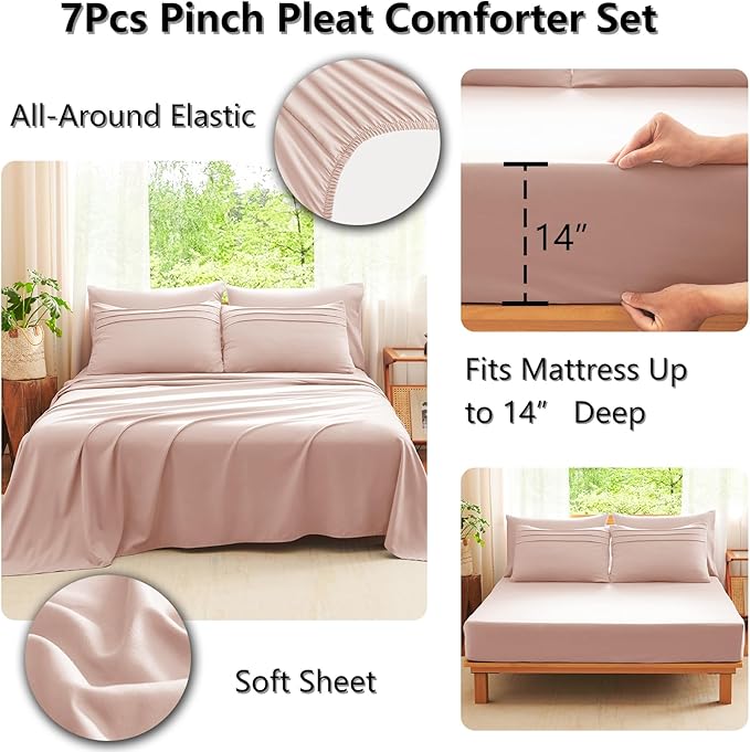 CozyLux King Size Comforter Set Blush Pink, 7 Pieces Soft Pinch Pleat Bed in a Bag King Comforter Set with Sheets, Boho Bed Set with Down Alternative Comforter, Sheets, Pillowcases & Shams
