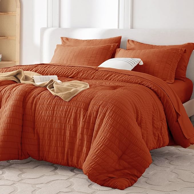 MUXHOMO 7 Pieces Full Comforter Set, Seersucker Bed in a Bag Full Size, All Season Luxury Bedding Set with Comforter, Flat Sheet, Fitted Sheet, Pillowcases & Shams, Burnt Orange