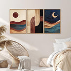 SIGNINART Boho Mid Century Modern Framed Canvas Wall Art, Bohemian Geometric Wall Decor, Abstract Sun and Moon Artwork,Beige and Black Wooden Art Paintings for Living Room Bedroom Office 16"x24"x3
