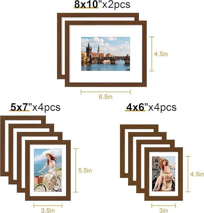 decorUhome Picture Frames Collage Wall Decor for Photo Gallery Display, Assorted Picture Frames set of 10 Including Two 8x10 / Four 5x7 / Four 4x6 for Family Wall Decor, Brown, 10 Pack
