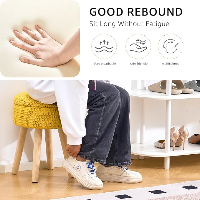 Wimarsbon Pouf Ottoman, 100% Cotton Knitted Boho Footstool, Round Footrest with Non-Skid Wood Legs, Home Décor Handmade Pouffe, Leisure Floor Step Stool for Living Room (High Storage Yellow)