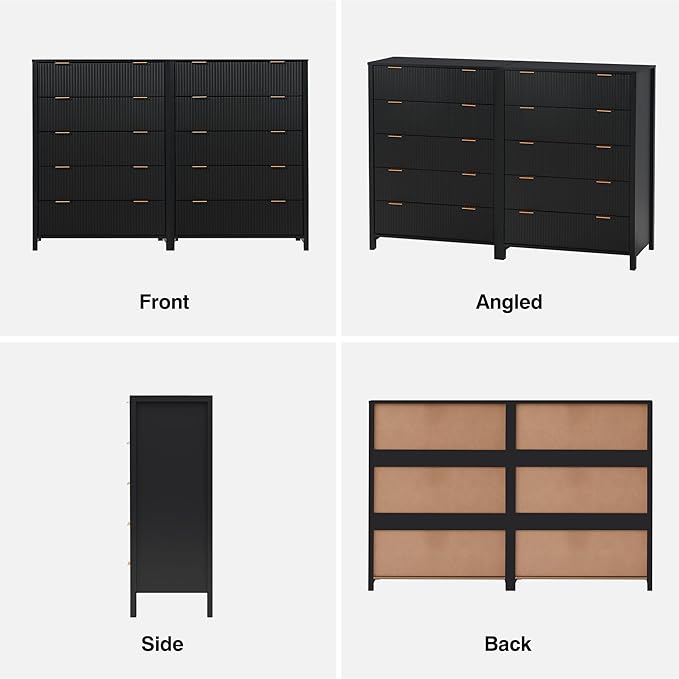 5 Drawer Double Dresser for Bedroom, Modern Wide Chest of Drawers with Fluted Panel Design,Wood Storage Dressers Chest of Drawers for Bedroom Living Room Hallway Closet,Black,2 Sets
