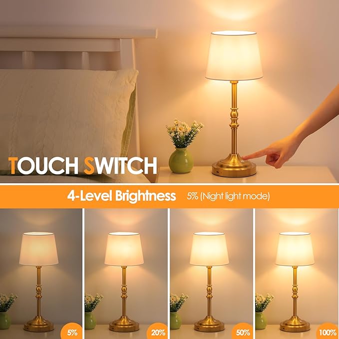 GGOYING Set of 2 Rechargeable Cordless LED Table Lamps, 4-Level Dimmer, Bronze Portable Desk Lamps with White Fabric Shades, Night Light for Dining, Bedroom and Patio