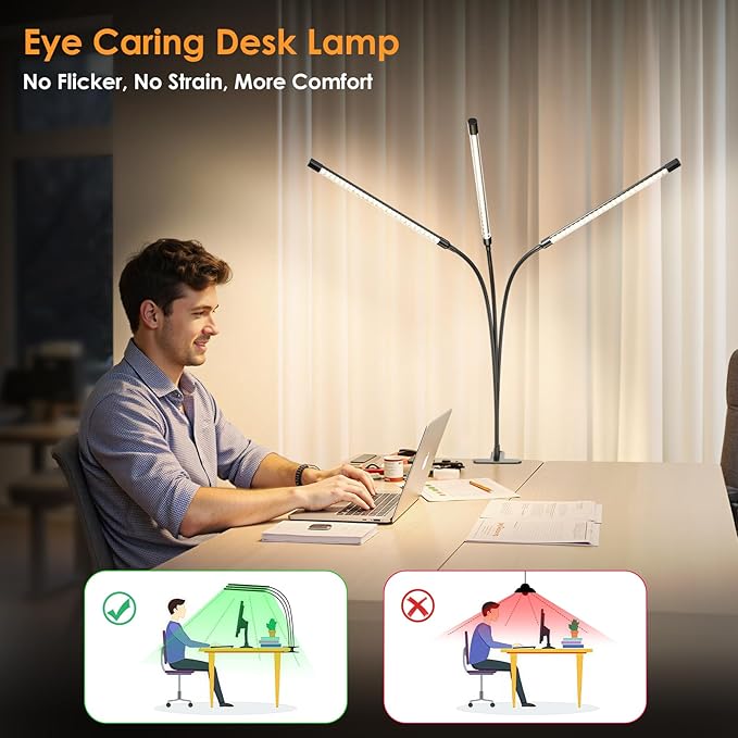 ShineTech 3-Head LED Desk Lamp with Clamp, Eye-Caring Clip-on Light for Home Office, 4 Color Modes & 6 Brightness Levels, 360° Flexible Gooseneck Desk Lights for Dorm Room, Reading, Nail, Black