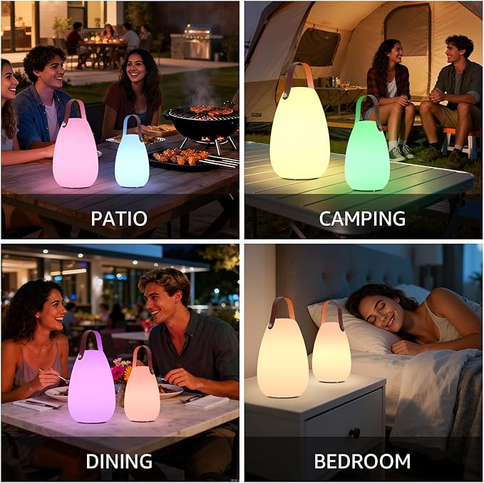 uuffoo 2 Pack Outdoor Table Lamp - Dimmable Rechargeable Night Lights w/ Remote and 7 RGB Colors, IP44 Water-Resistant Portable Hanging Lantern for Patio, Bedroom, Garden, Emergency (Leather Handle)