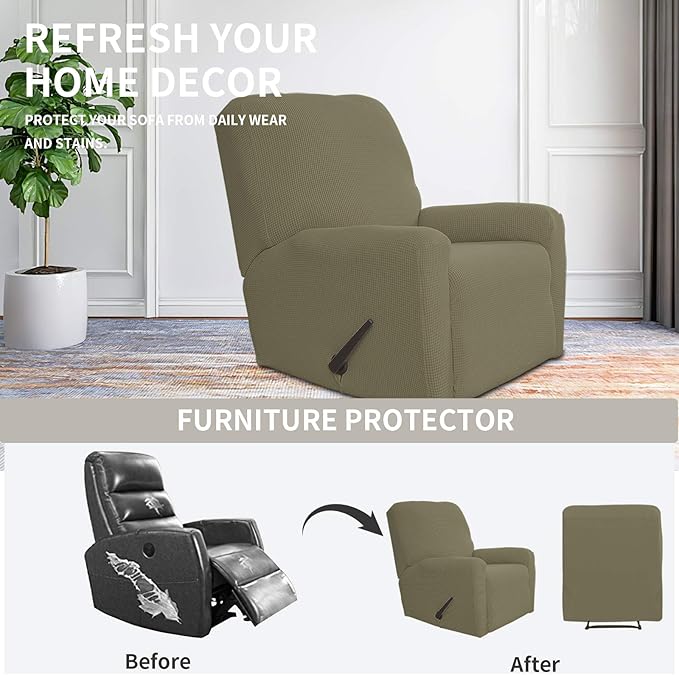 Easy-Going Recliner Stretch Sofa Slipcover Sofa Cover 4-Pieces Furniture Protector Couch Soft with Elastic Bottom Kids, Spandex Jacquard Fabric Small Checks(Recliner,Khaki)