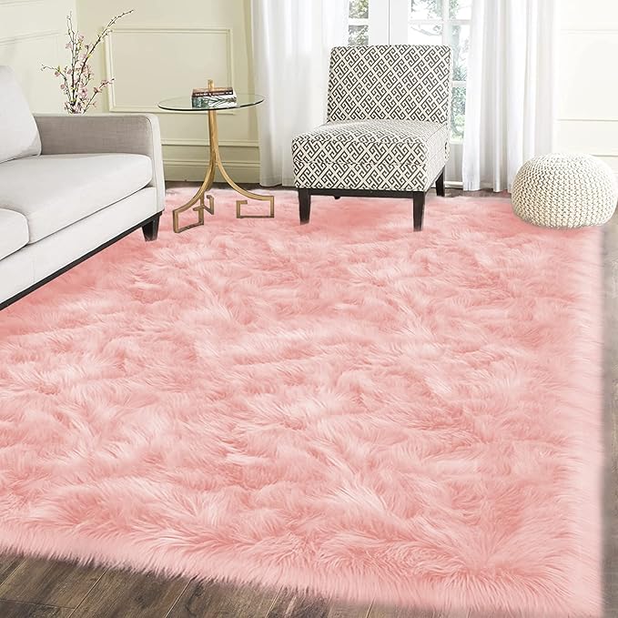 Latepis Pink Living Room Rugs Faux Fur Rug 5x6.7 Area Fuzzy Rugs for Teen Room Faux Sheepskin Rug for Living Room Sofa Floor Bedroom Luxury Home Decor