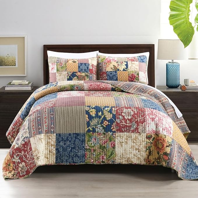 ENASAL Cotton Bedspread Quilt Sets Reversible Bedding Coverlet Sets Comforters Vintage Luxury Gorgeous Floral Real Patchwork Bedspread,King Size