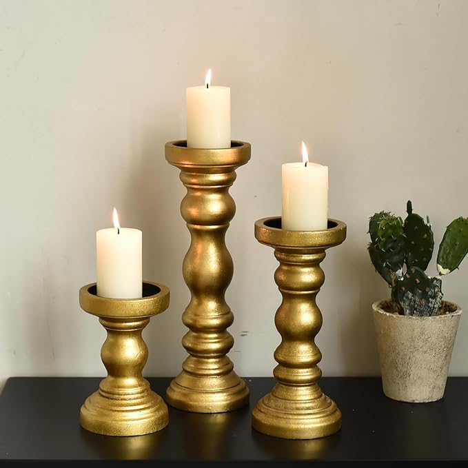 SWALLOWLIVING Rustic Farmhouse Wood Pillar Candle Holder Set of 3 for Candlestick, Gold