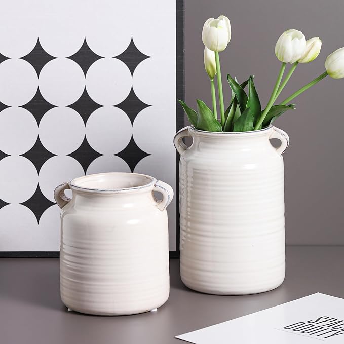 Ceramic Rustic Distressed White Flower Vase for Centerpieces, Kitchen, Office or Living Room (5.9''x6.3”)