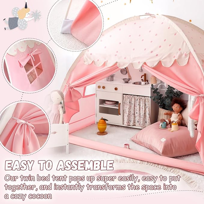Sherilyn Twin Bed Canopy Tent, Canopy on Bed Privacy Space Sleeping Blackout Tents Bunk Bed Tent Twin Size (Pink)