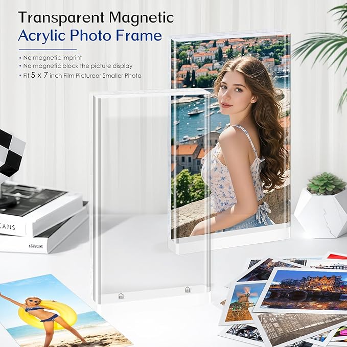 5x7 Acrylic Picture Frame, 4-Pack Magnetic Free-Standing Double-Sided Vertical Display, Clear Frameless Panels, Discreet White Base for Desk/Tabletop, Home & Office Decor