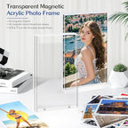 5x7 Acrylic Picture Frame, 4-Pack Magnetic Free-Standing Double-Sided Vertical Display, Clear Frameless Panels, Discreet White Base for Desk/Tabletop, Home & Office Decor