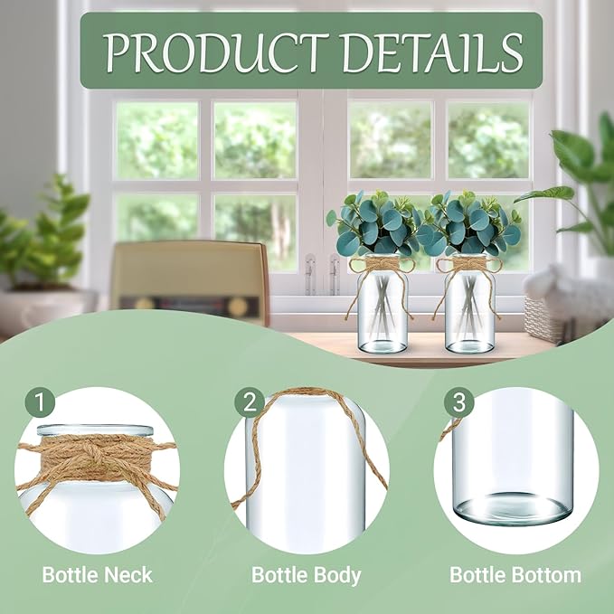 6PCS Transparent Glass Flower Vases for Centerpieces Boho Cylinder Bud Vases in Bulk Mason Jars for Weddings, Parties & Vintage Home Decor(Transparent 6)