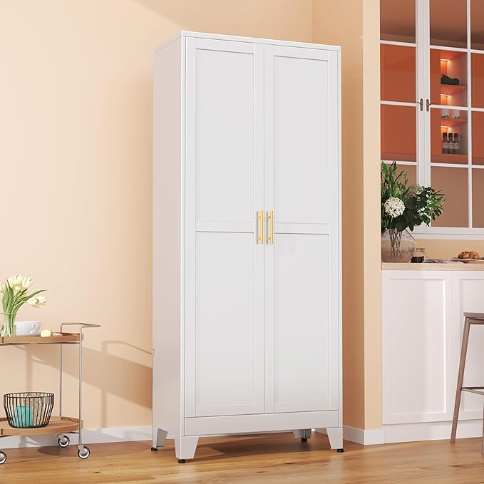 Metal Pantry Cabinet with 2 Doors and Adjustable Shelves - 71" Kitchen Storage Cabinet with Gold Handles - Versatile Storage for Kitchen, Bathroom, Dining Room, Utility Room - White