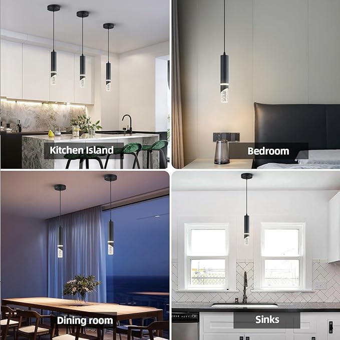 Modern Dimmable Led Pendant Lights Kitchen Island, Ideal for Living Room, Bedroom,Sink 6w LED Crystal Energy-Saving Hanging Lamp for Cozy Lighting (Black 1-Pack)